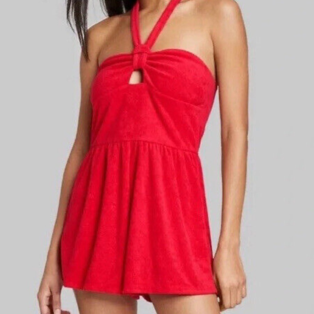 Wild Fable Bright Red Terry Cloth Halter Romper NWT